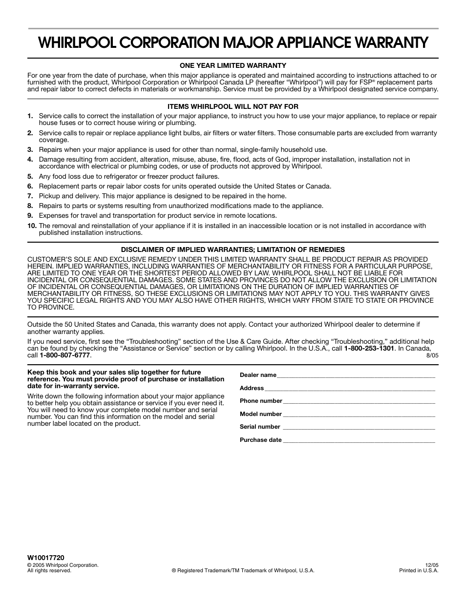 Whirlpool corporation major appliance warranty | Whirlpool W10017720 User Manual | Page 20 / 20