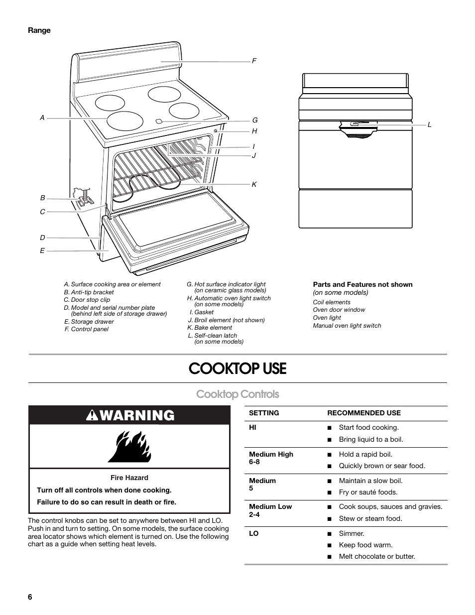 Cooktop use, Warning, Cooktop controls | Whirlpool W10017720 User Manual | Page 6 / 20