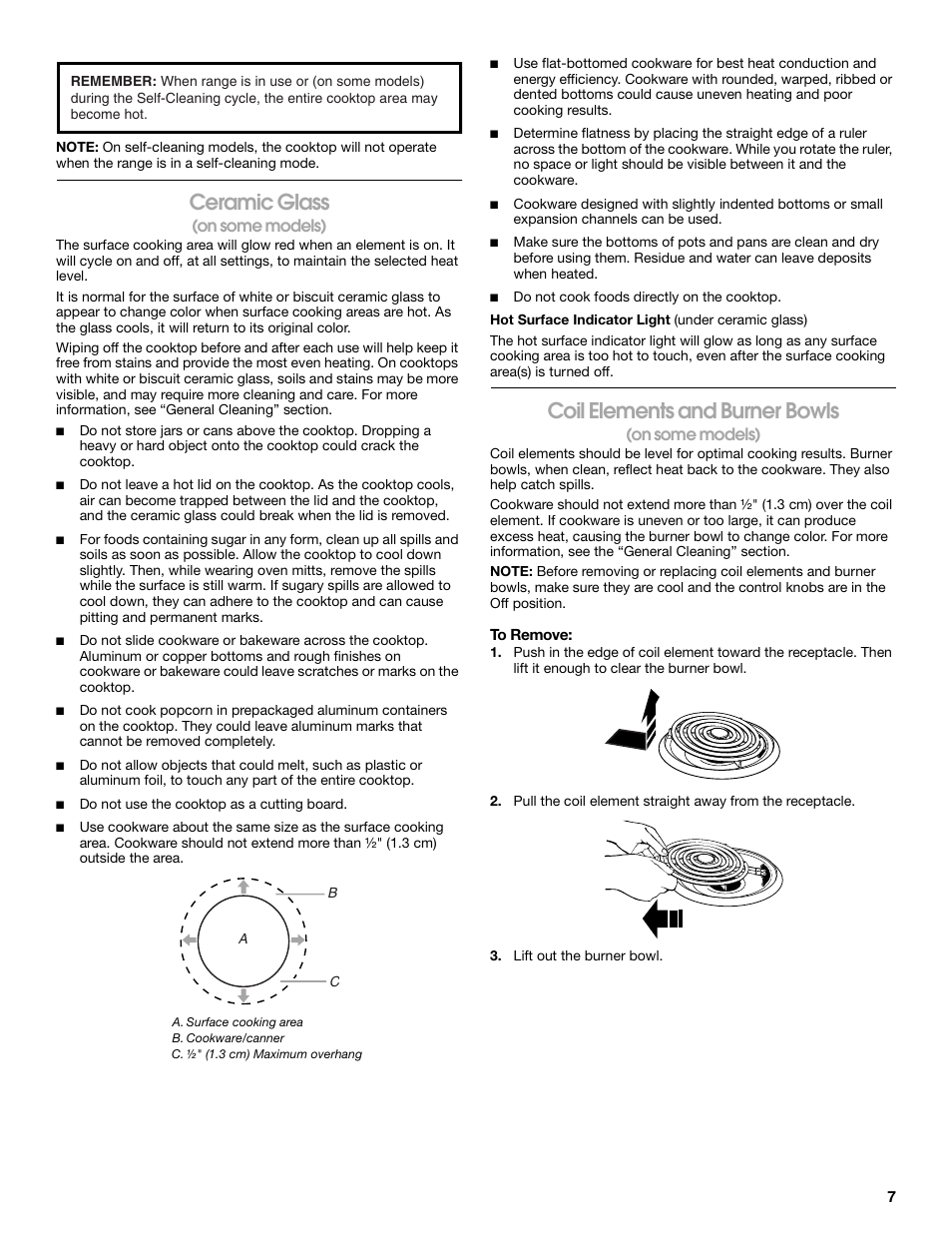 Ceramic glass, Coil elements and burner bowls, On some models) | Whirlpool W10017720 User Manual | Page 7 / 20