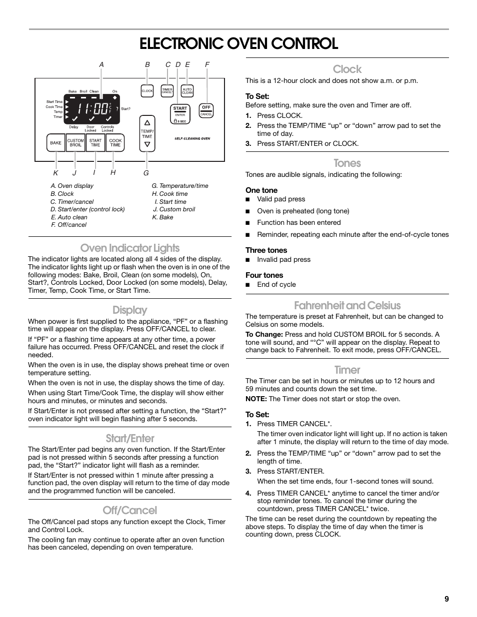 Electronic oven control, Oven indicator lights, Display | Start/enter, Off/cancel, Clock, Tones, Fahrenheit and celsius, Timer | Whirlpool W10017720 User Manual | Page 9 / 20