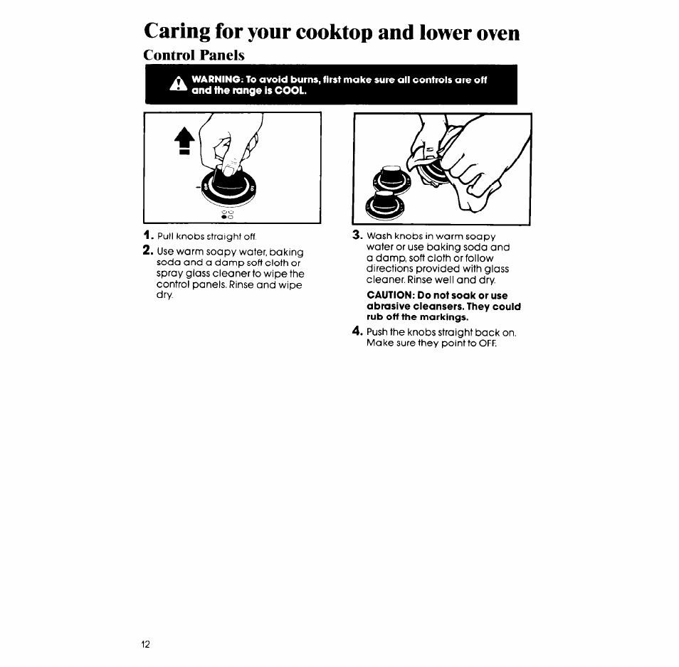 Control panels, Caring for your cooktop and lower oven | Whirlpool SM958PES User Manual | Page 12 / 24