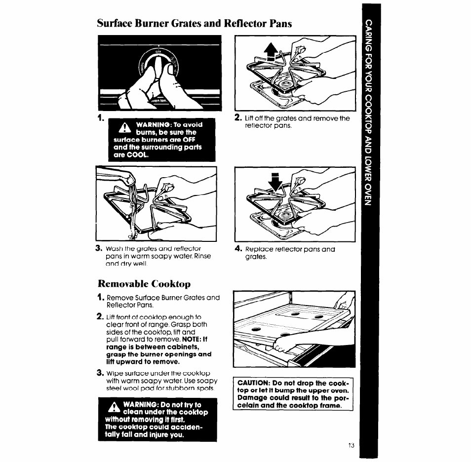 Surface burner grates and reflector pans, Removable cooktop | Whirlpool SM958PES User Manual | Page 13 / 24