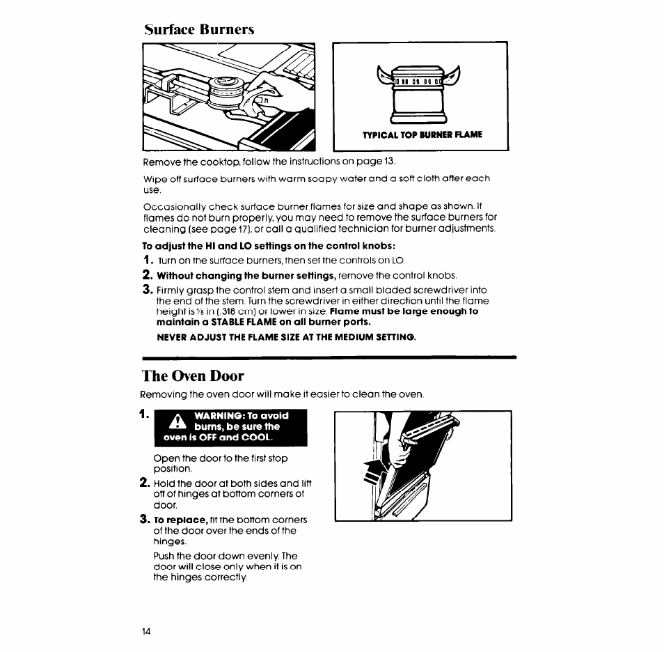 Surface burners, The oven door | Whirlpool SM958PES User Manual | Page 14 / 24