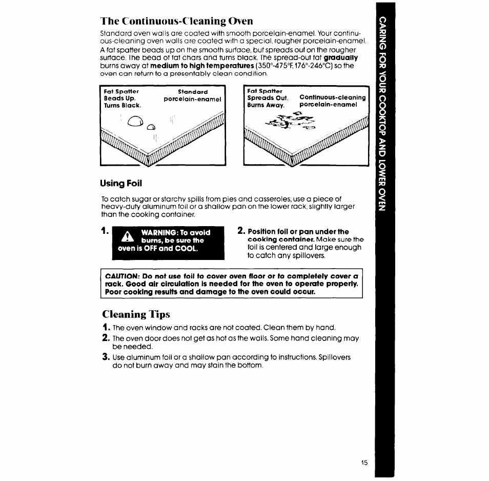 The continuous-cleaning oven, Using foil, Cleaning tips | Whirlpool SM958PES User Manual | Page 15 / 24