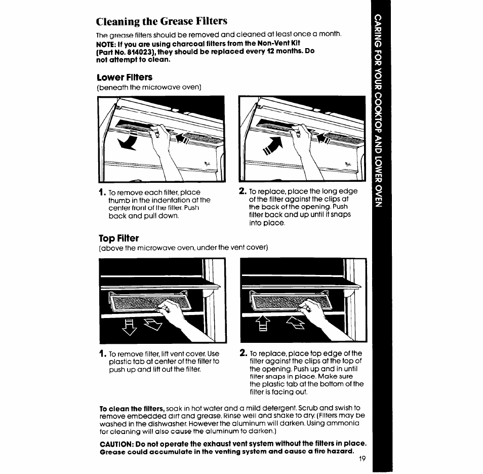 Cleaning the grease filters, Lower filters, Top filter | Whirlpool SM958PES User Manual | Page 19 / 24