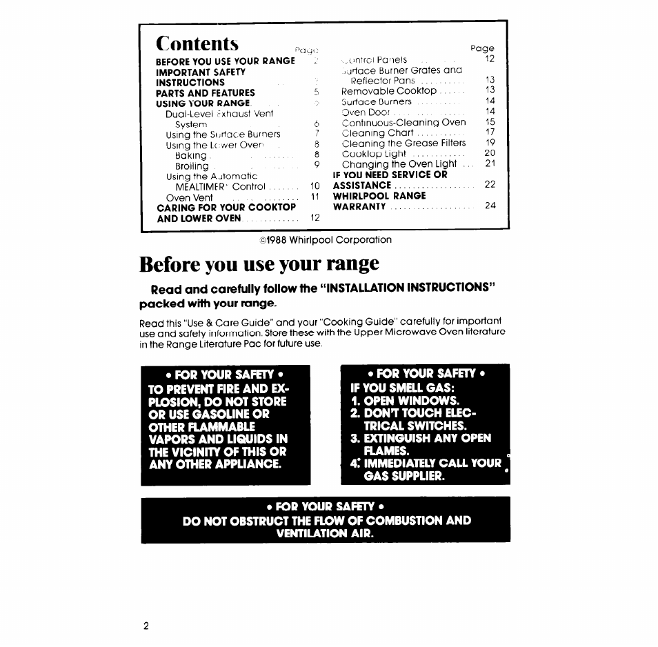Before you use your range, Contents p | Whirlpool SM958PES User Manual | Page 2 / 24