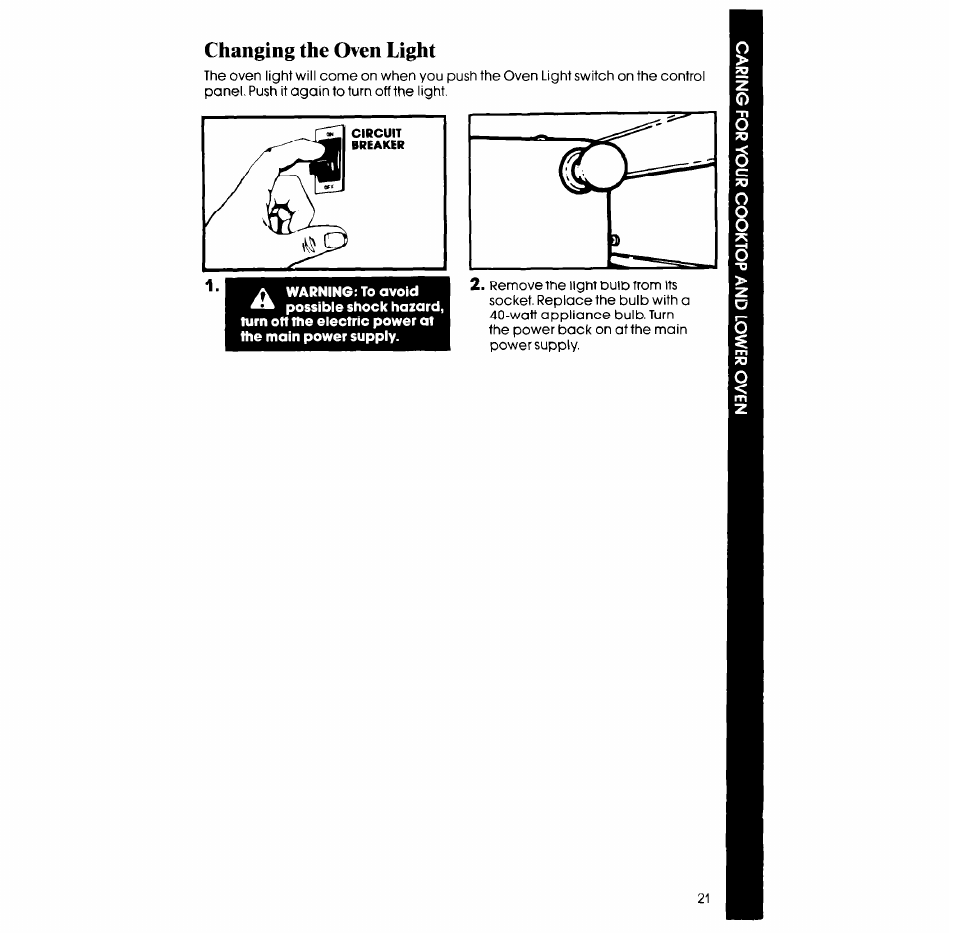 Changing the oven light | Whirlpool SM958PES User Manual | Page 21 / 24