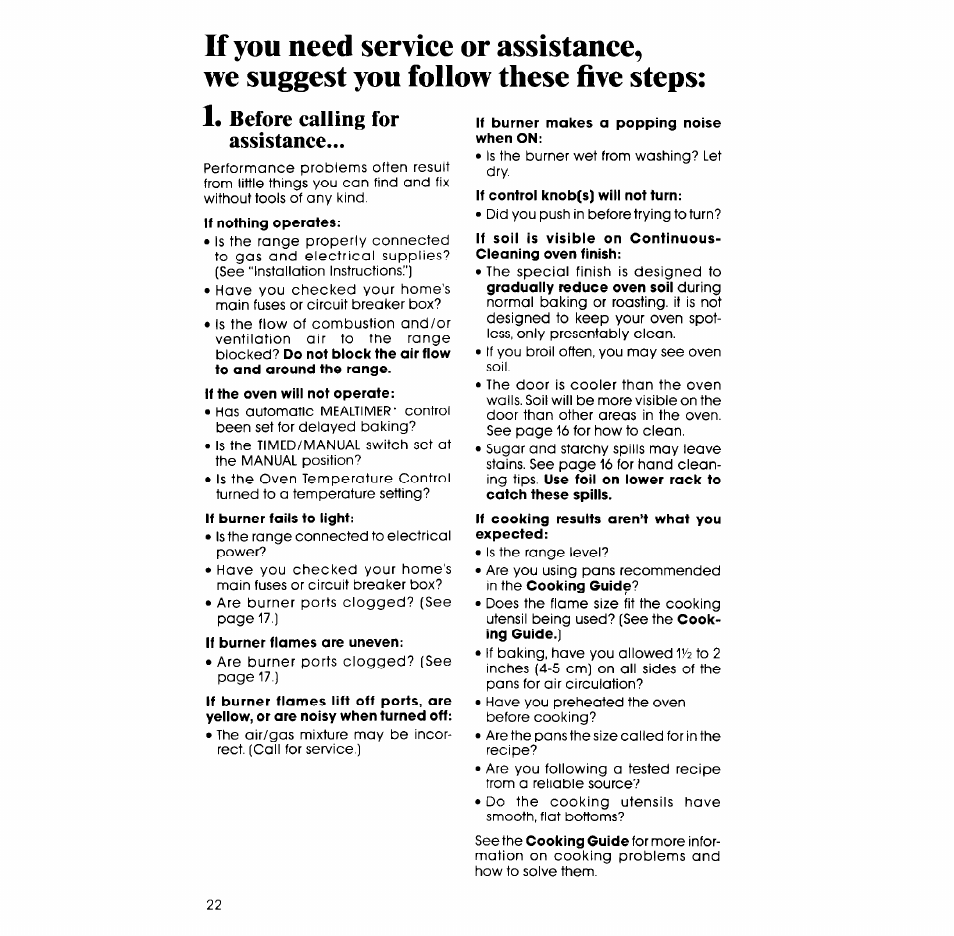 Before ealling for assistance | Whirlpool SM958PES User Manual | Page 22 / 24