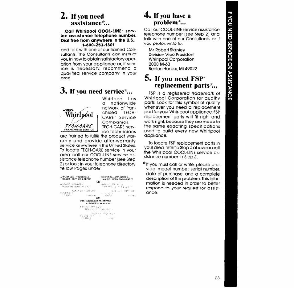 If you need assistance, If you need service, If you have a problem | If you need fsp replacement parts, Whirlpool | Whirlpool SM958PES User Manual | Page 23 / 24