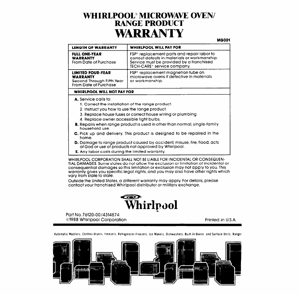 Warranty, Whirlpool, Whirlpool® microwave oven/ range product | Whirlpool SM958PES User Manual | Page 24 / 24