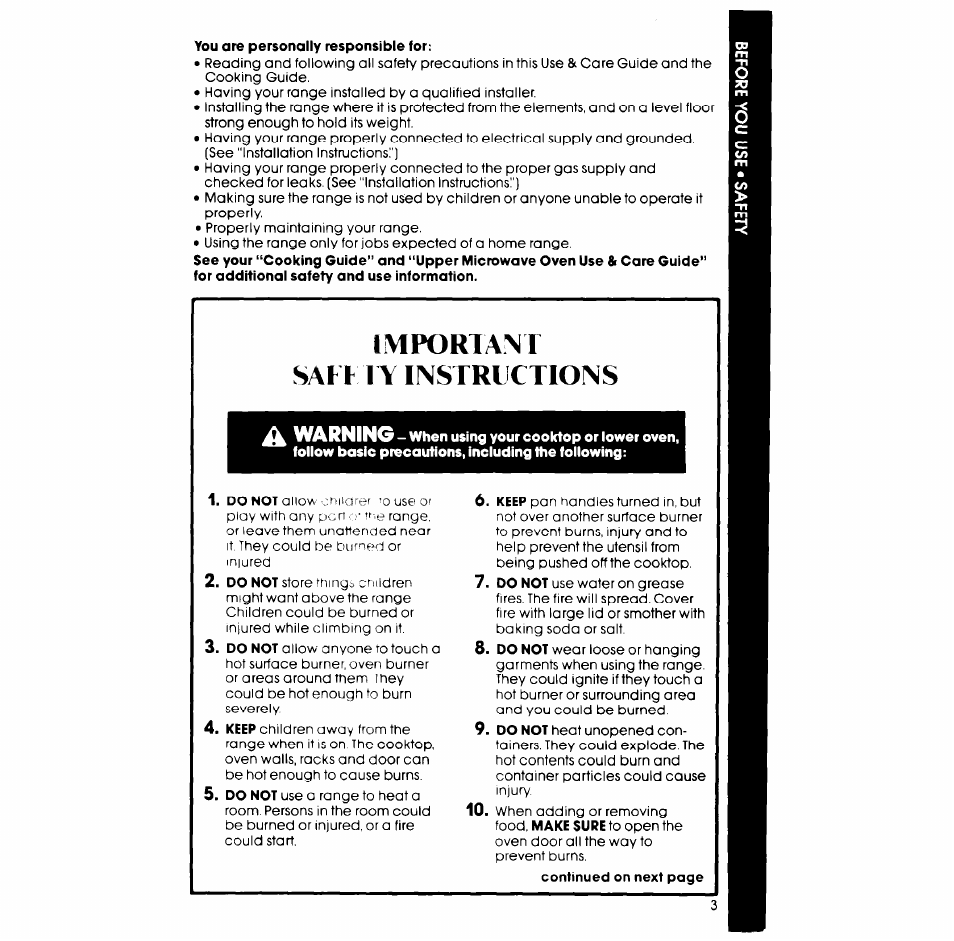 Imporiam safu y instructions, Warning | Whirlpool SM958PES User Manual | Page 3 / 24