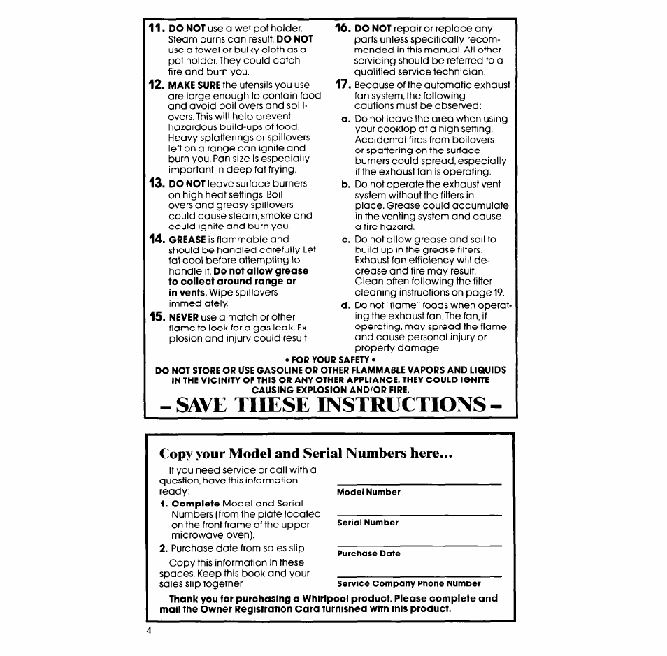 Save these instructions, Copy your model and serial numbers here | Whirlpool SM958PES User Manual | Page 4 / 24