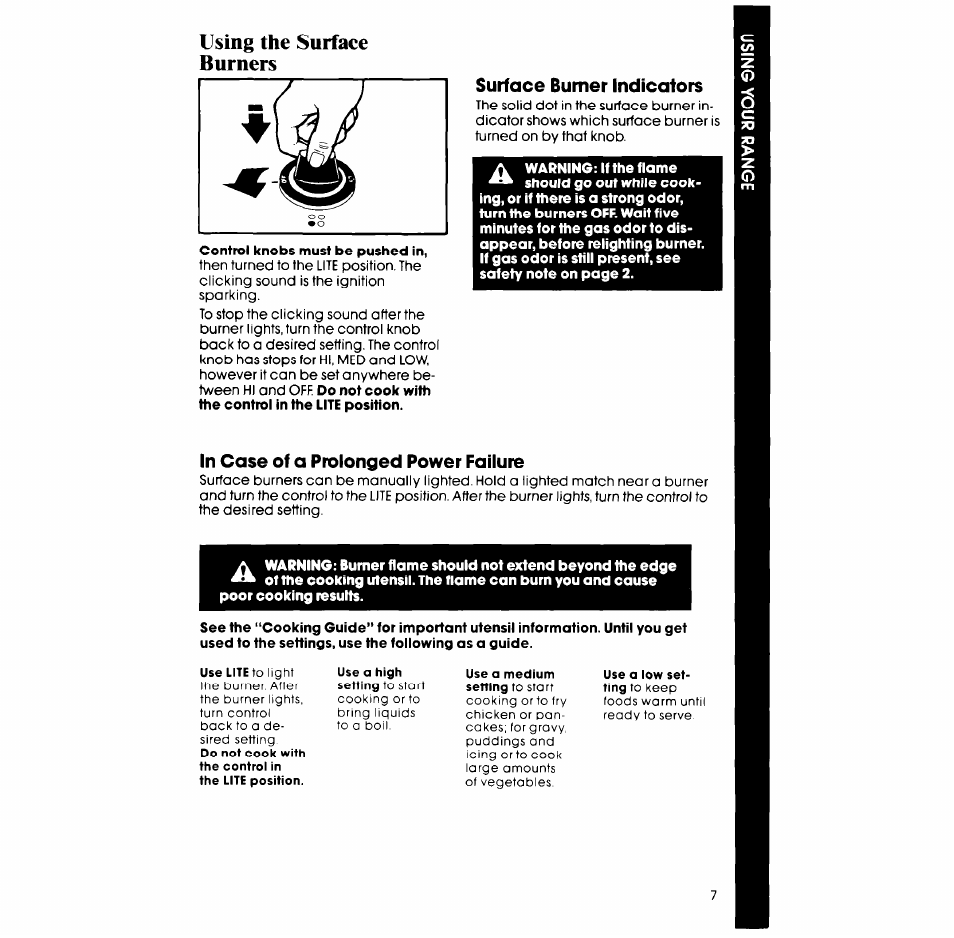 Using the surface burners, Surface burner indicators, In case of a prolonged power failure | Whirlpool SM958PES User Manual | Page 7 / 24