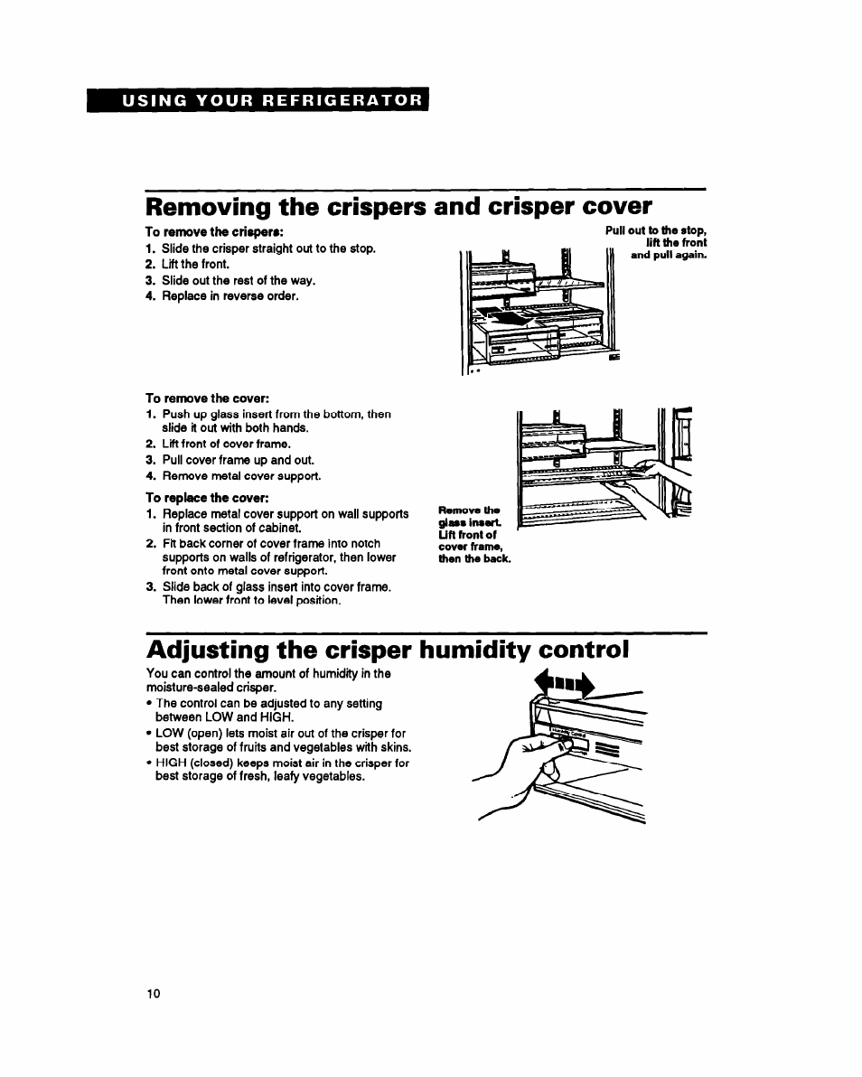 Removing the crispers and crisper cover, Adjusting the crisper humidity control | Whirlpool EB21DK User Manual | Page 10 / 24