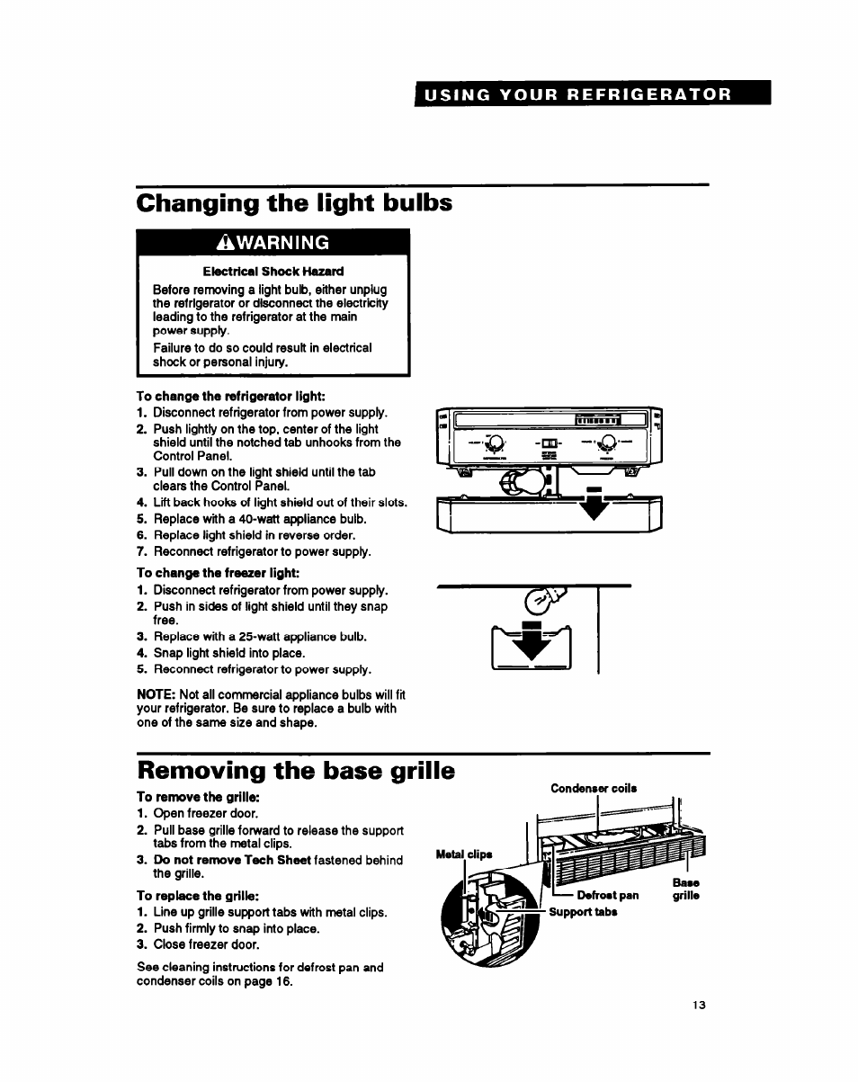 Changing the light bulbs, Warning, Removing the base grille | Whirlpool EB21DK User Manual | Page 13 / 24