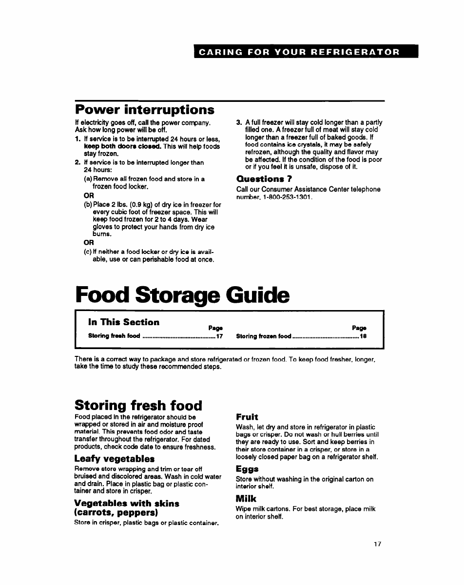 Power interruptions, Questions 7, Food storage guide | In this section, Storing fresh food, Leafy vegetables, Vegetables with skins (carrots, peppers), Fruit, Eggs, Milk | Whirlpool EB21DK User Manual | Page 17 / 24