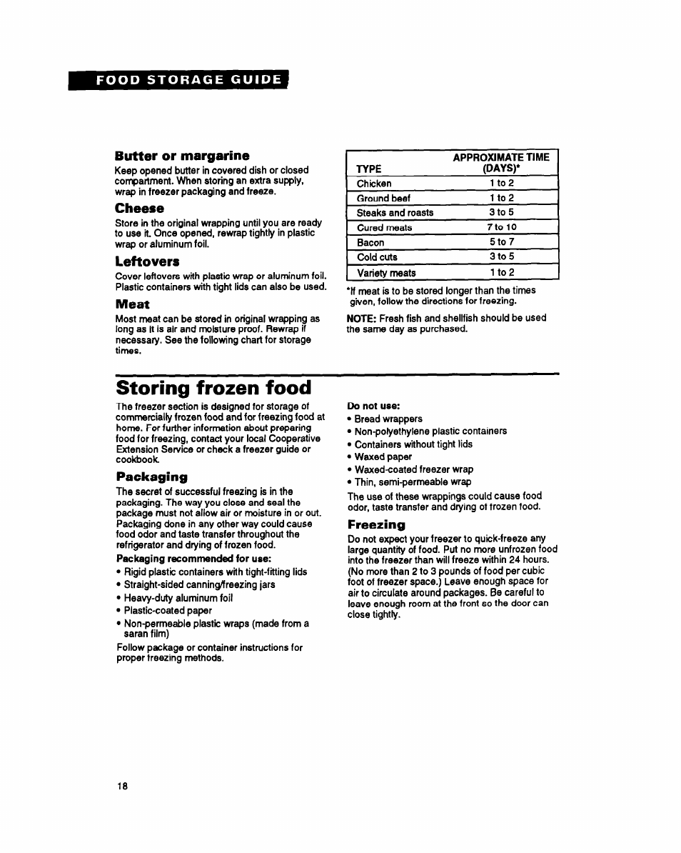 Butter or margarine, Cheese, Leftovers | Meat, Storing frozen food, Packaging, Freezing | Whirlpool EB21DK User Manual | Page 18 / 24