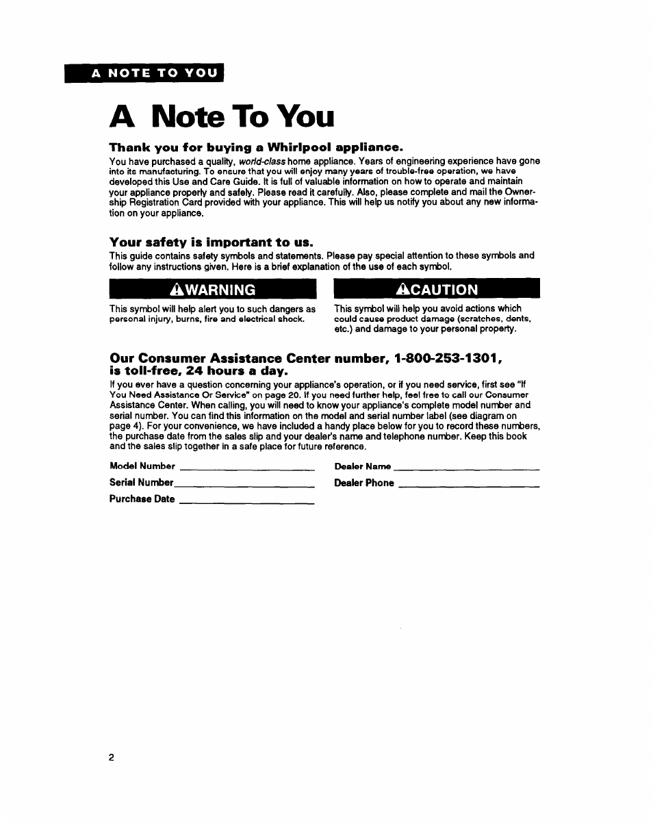 A note to you, Thank you for buying a whirlpool appliance, Your safety is important to us | Warning, Acaution | Whirlpool EB21DK User Manual | Page 2 / 24