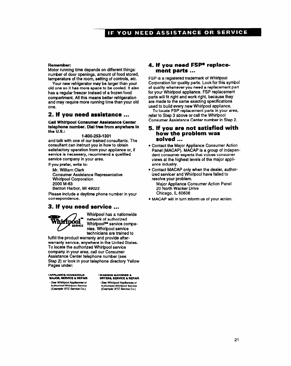 If you need assistance, If you need service, If you need fsp* replacement parts | If you need fsp* replace­ ment parts | Whirlpool EB21DK User Manual | Page 21 / 24