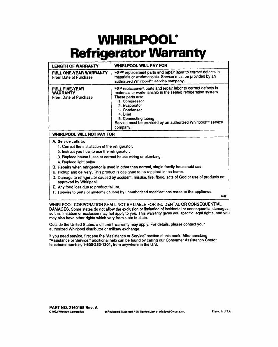 Whirlpool, Refrigerator warranty, Whirlpool* refrigerator warranty | Whirlpool EB21DK User Manual | Page 24 / 24