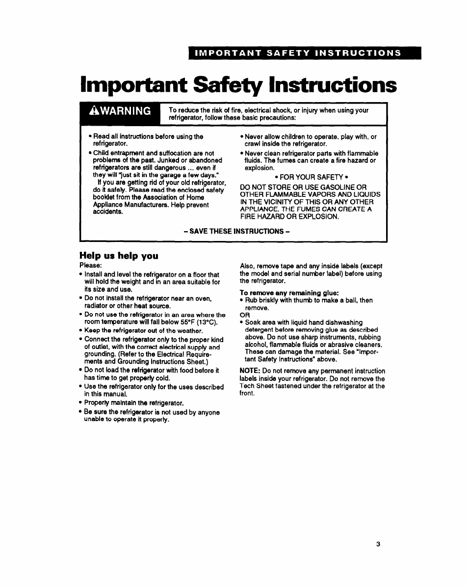 Important safety instructions, Help us help you, Warning | Whirlpool EB21DK User Manual | Page 3 / 24