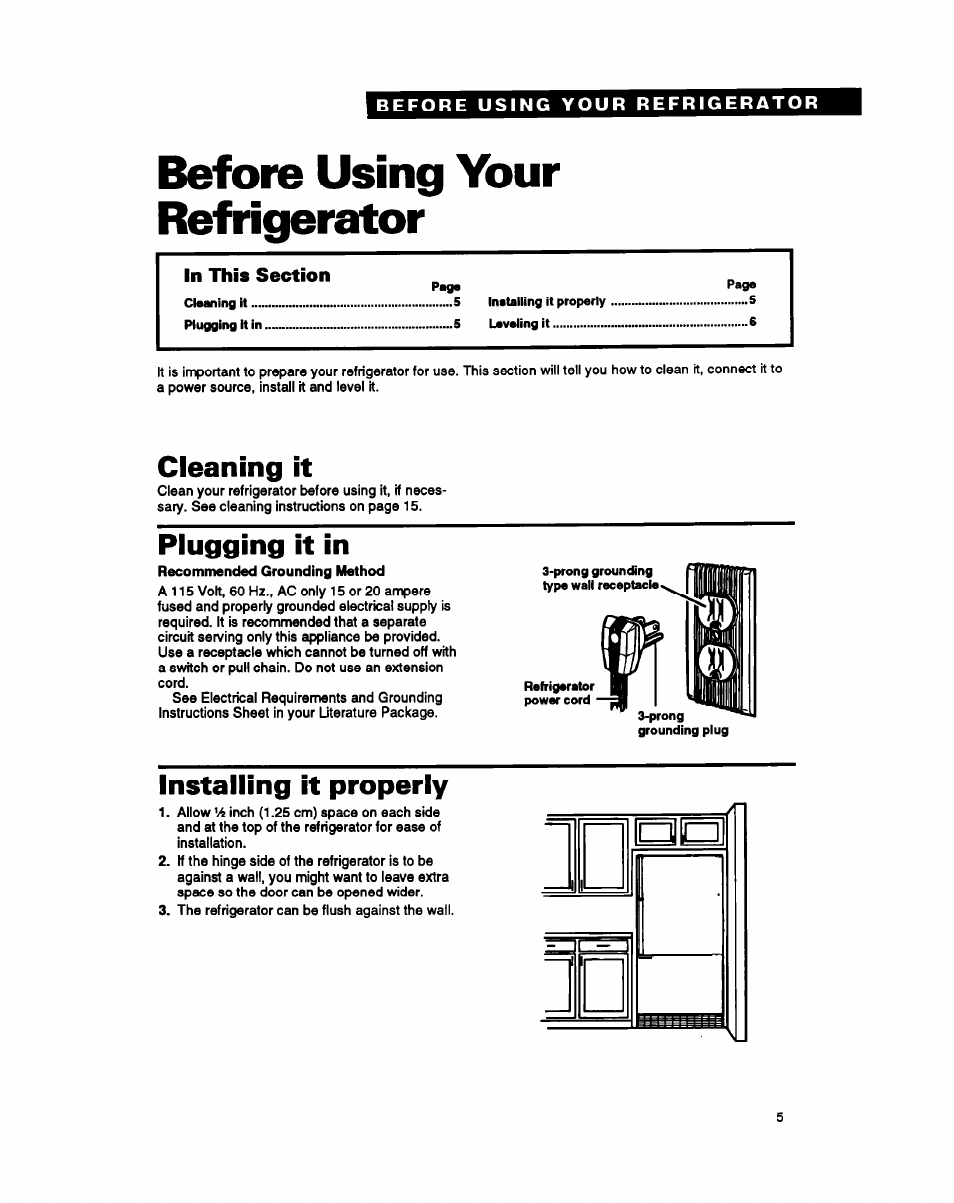 Before using your refrigerator, In this section, Cleaning it | Plugging it in, Installing it properly | Whirlpool EB21DK User Manual | Page 5 / 24