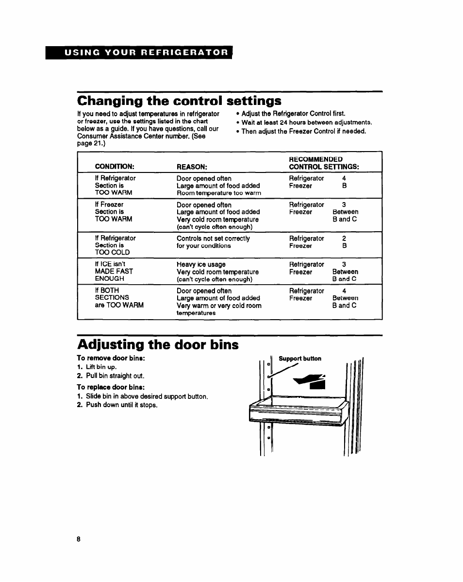 Changing the control settings, Adjusting the door bins | Whirlpool EB21DK User Manual | Page 8 / 24