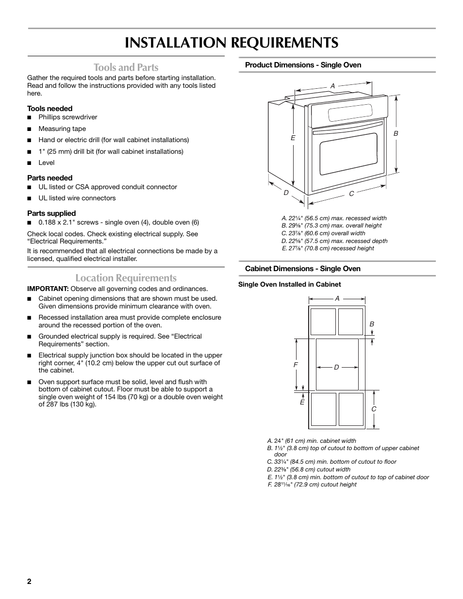 Installation requirements, Tools and parts, Location requirements | Whirlpool W10203506A User Manual | Page 2 / 8