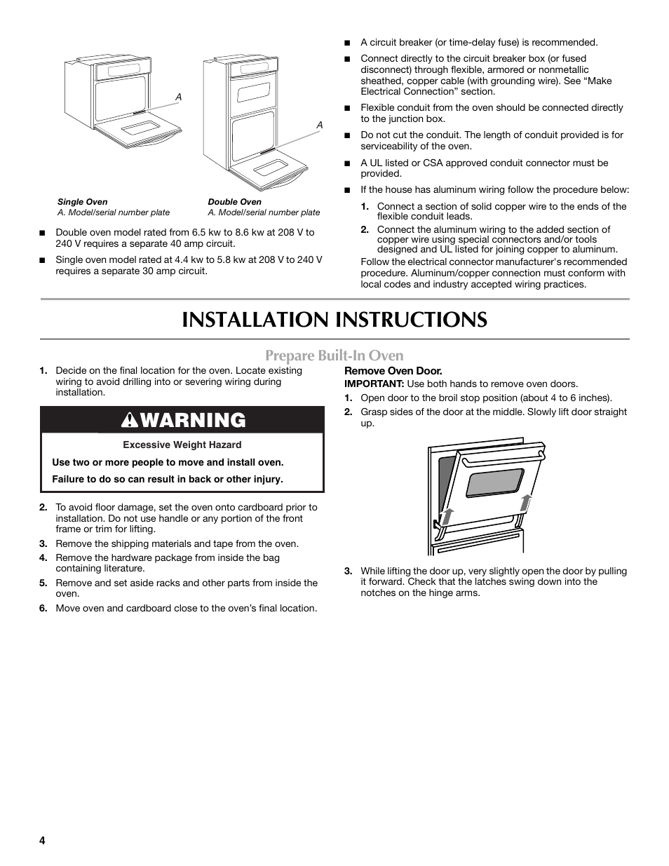 Installation instructions, Warning, Prepare built-in oven | Whirlpool W10203506A User Manual | Page 4 / 8