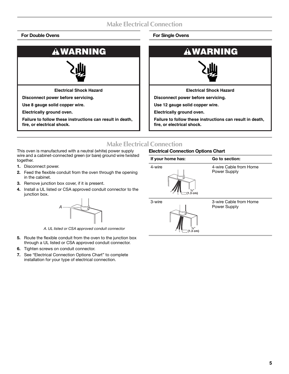 Warning, Make electrical connection | Whirlpool W10203506A User Manual | Page 5 / 8