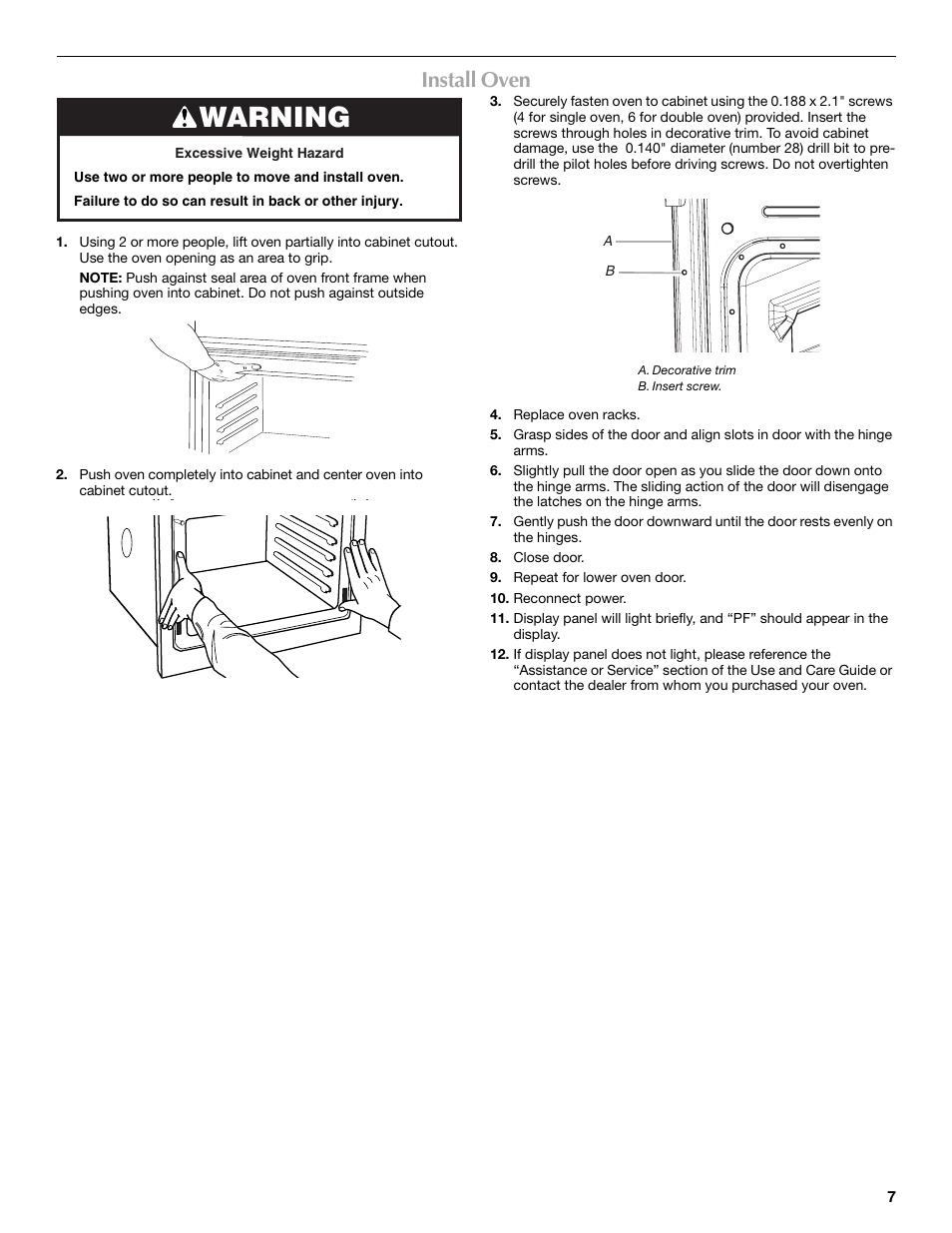 Warning, Install oven | Whirlpool W10203506A User Manual | Page 7 / 8