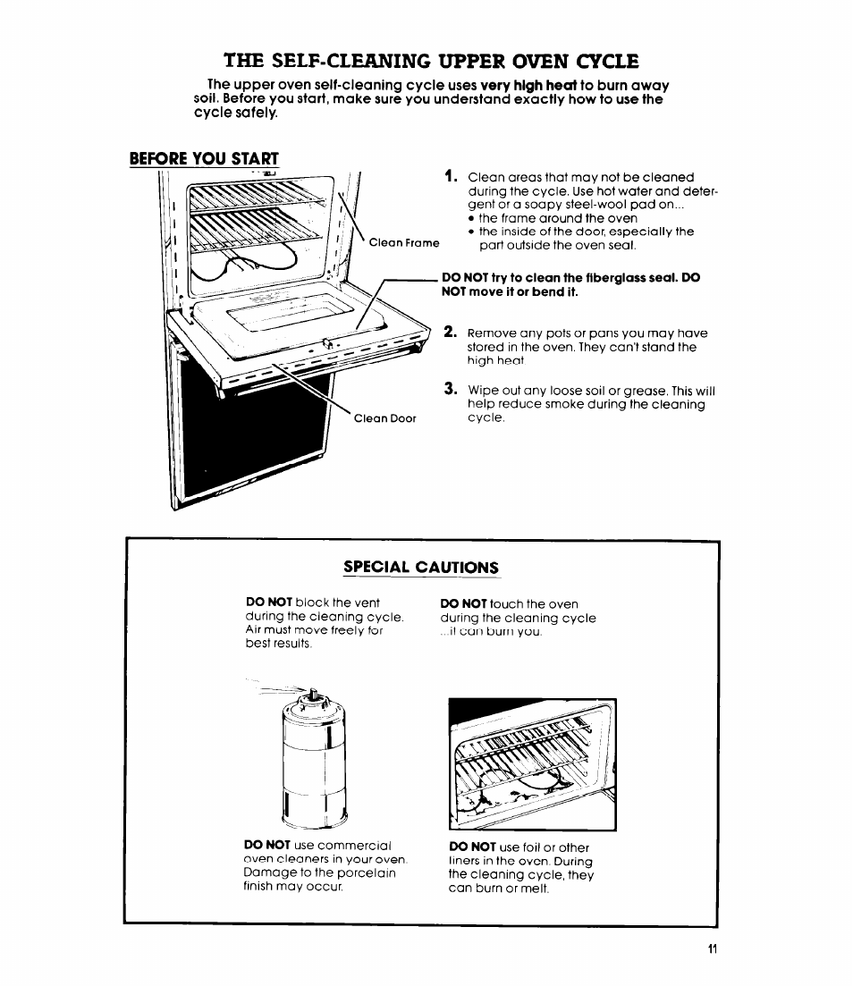 The self-cleaning upper oven cycle, Before you start, The self-cleaning upper oven | Whirlpool RB47OPXL User Manual | Page 11 / 16