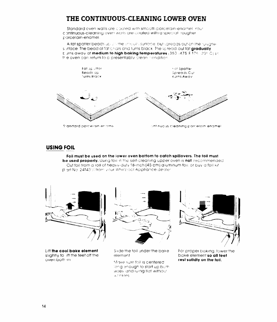 The continuous-cleaning lower oven, Using foil | Whirlpool RB47OPXL User Manual | Page 14 / 16