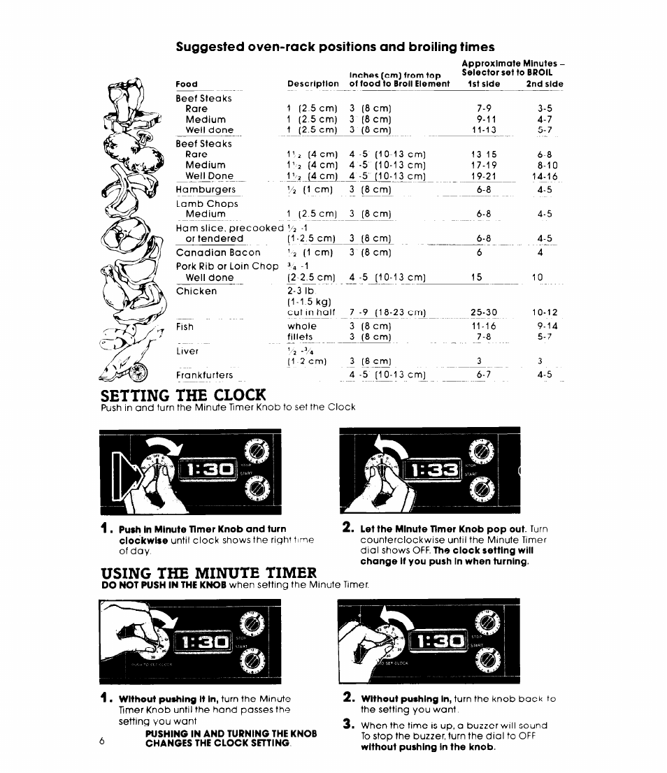 Suggested oven-rack positions and broiling times, Setting the clock, Push in minute timer knob and turn | Using the minute timer | Whirlpool RB47OPXL User Manual | Page 6 / 16
