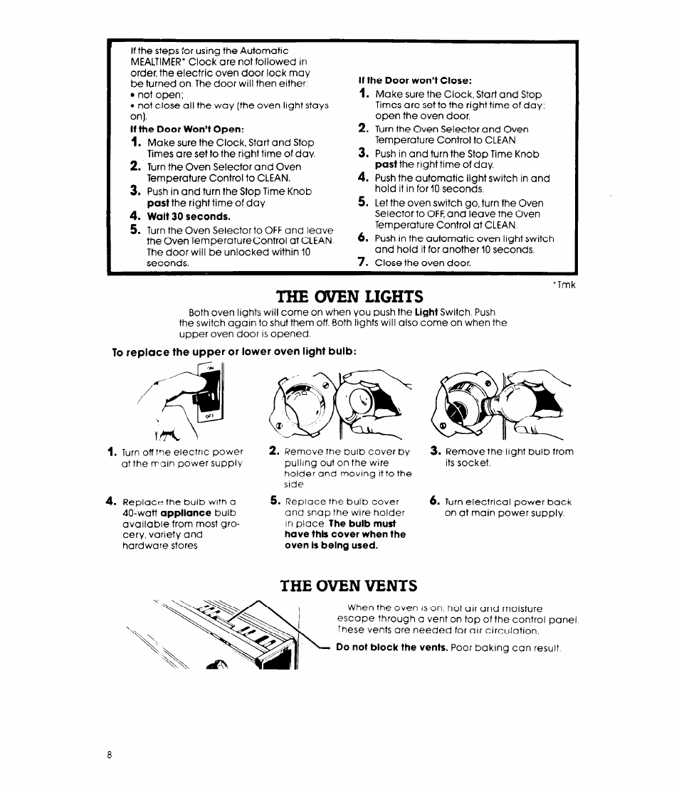 The oven lights, The oven vents, Oven lights oven vents | Whirlpool RB47OPXL User Manual | Page 8 / 16