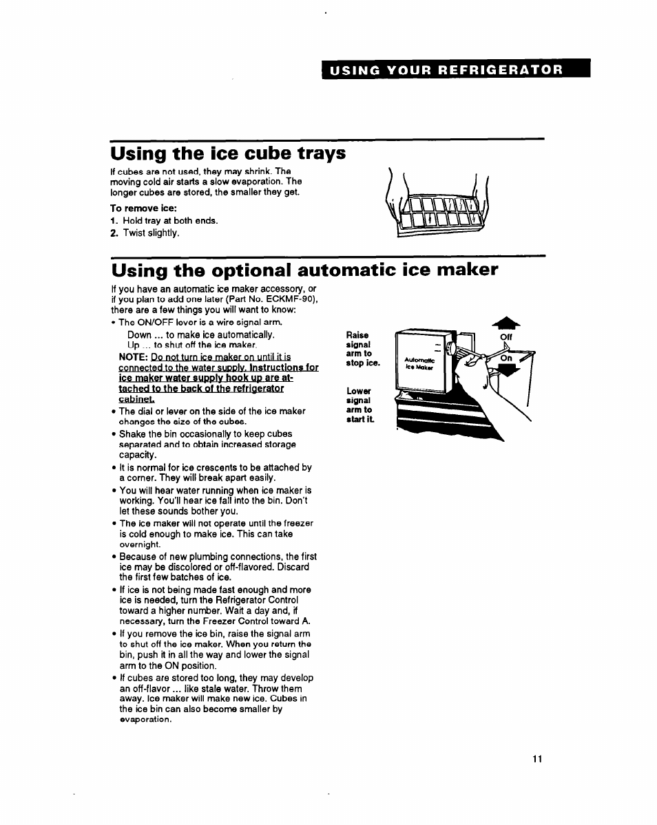Using the ice cube trays, Using the optional automatic ice maker | Whirlpool ETl8YK User Manual | Page 11 / 20