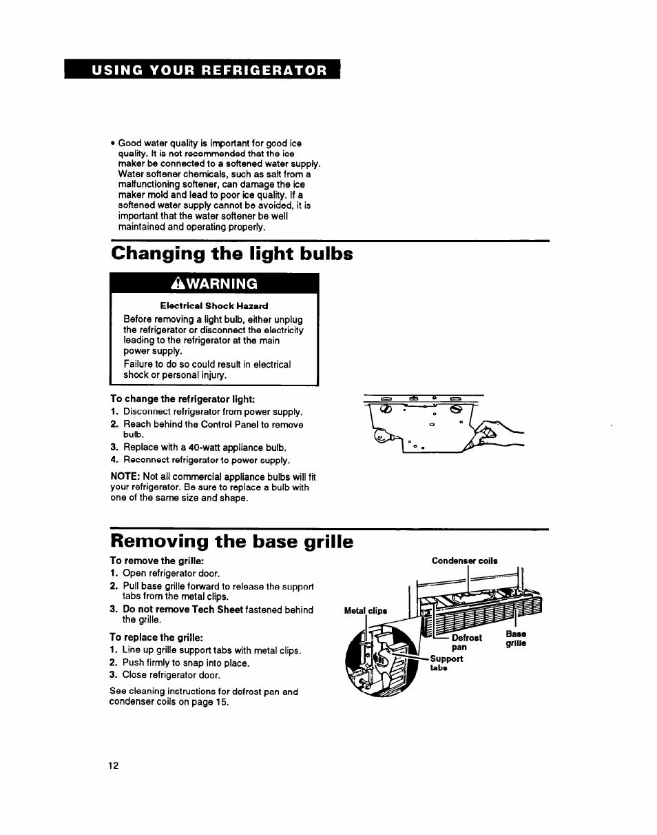 Changing the light bulbs, Removing the base grille, Warning | Whirlpool ETl8YK User Manual | Page 12 / 20
