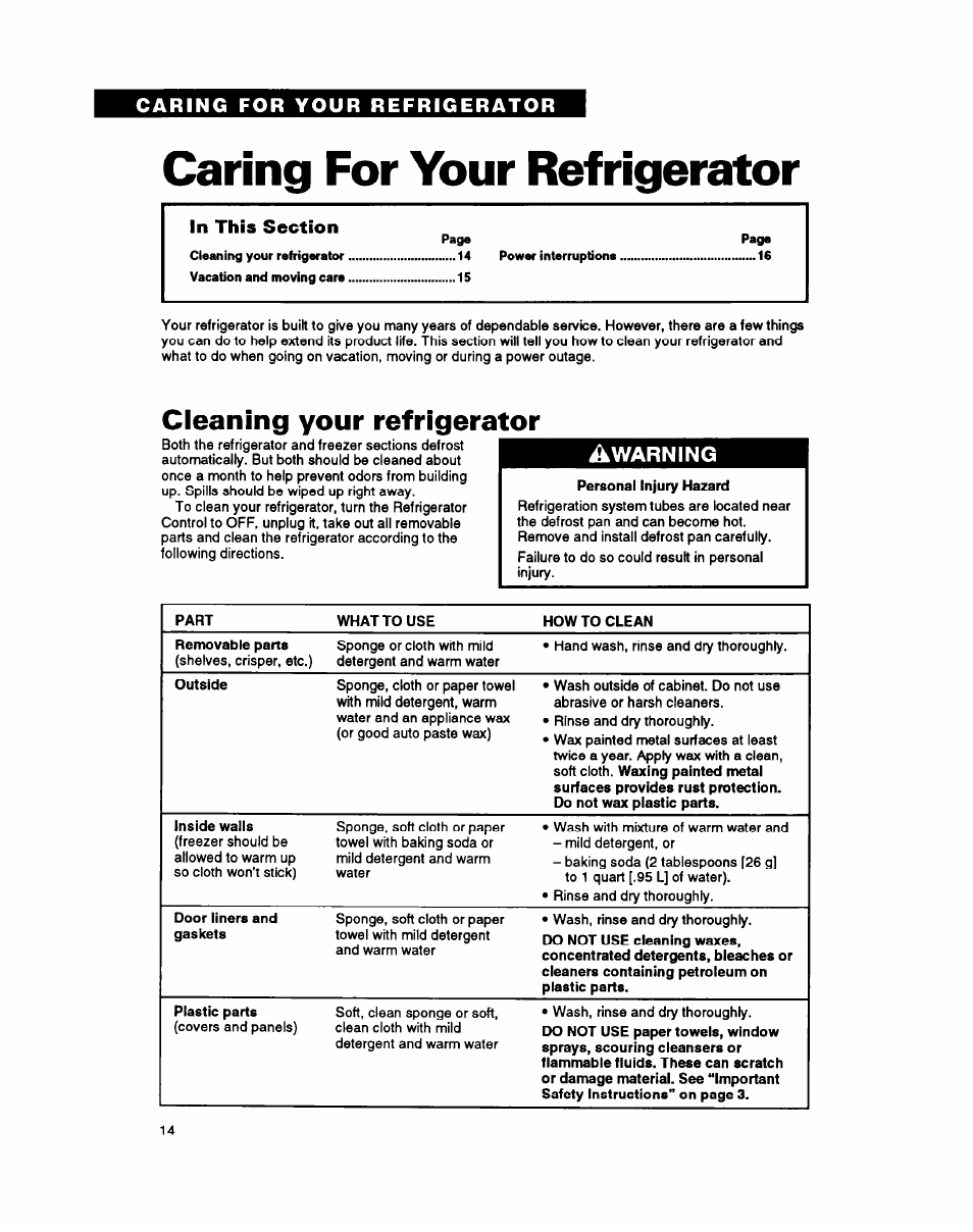 Caring for your refrigerator, Cleaning your refrigerator, I^warning | Whirlpool ETl8YK User Manual | Page 14 / 20