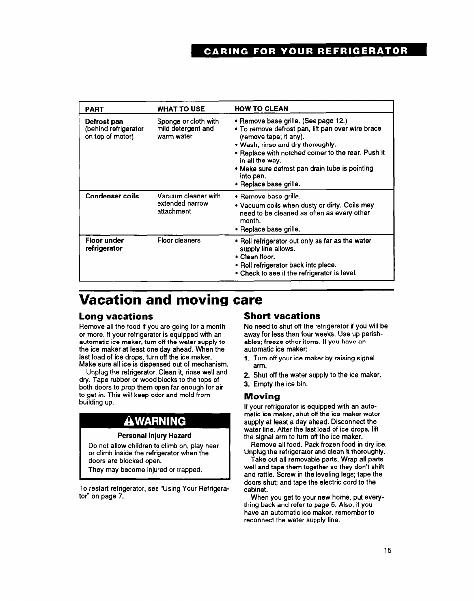 Vacation and moving care, Long vacations, Short vacations | Moving, Warning, Caring for your refrigerator | Whirlpool ETl8YK User Manual | Page 15 / 20