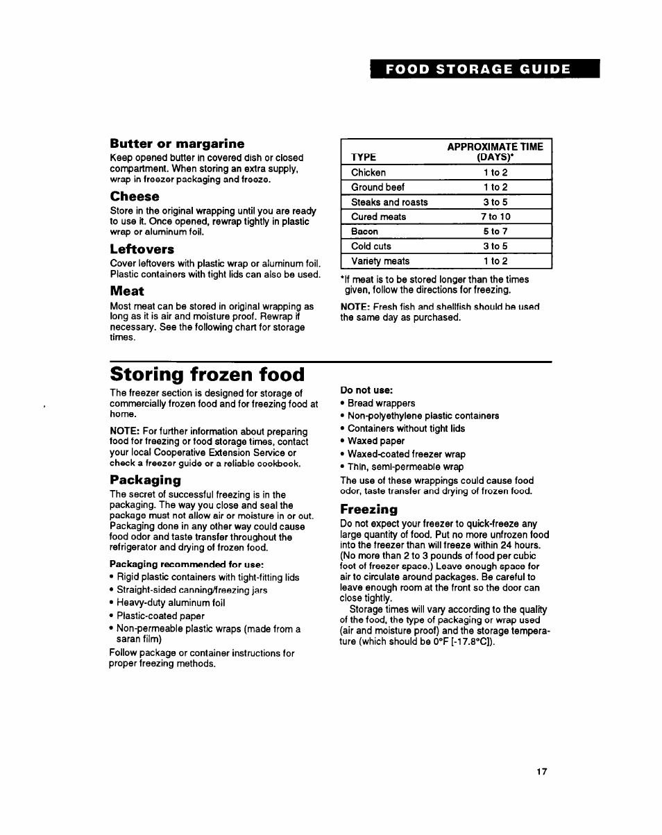 Food storage guide, Butter or margarine, Cheese | Leftovers, Meat, Storing frozen food, Packaging, Freezing, Food storage guide butter or margarine | Whirlpool ETl8YK User Manual | Page 17 / 20