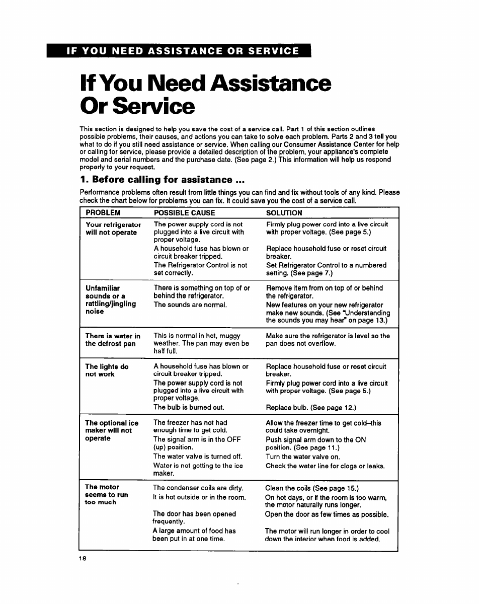 If you need assistance or service, Before calling for assistance | Whirlpool ETl8YK User Manual | Page 18 / 20