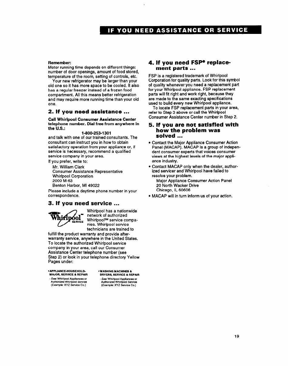 If you need assistance, If you need service, If you need fsp* replacement parts | If you need assistance or service, If you need fsp* replace­ ment parts | Whirlpool ETl8YK User Manual | Page 19 / 20