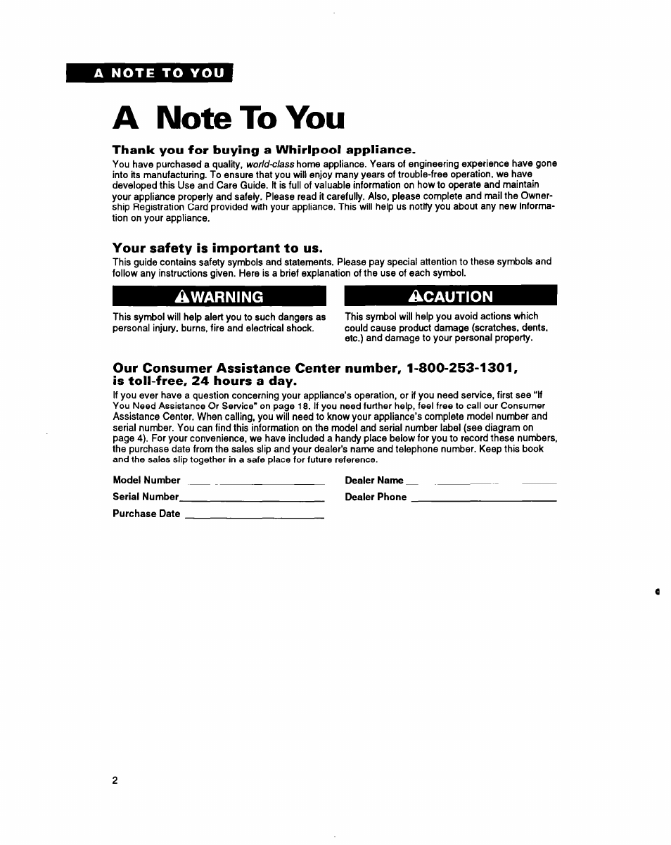A note to you, Thank you for buying a whirlpool appliance, Your safety is important to us | Whirlpool ETl8YK User Manual | Page 2 / 20