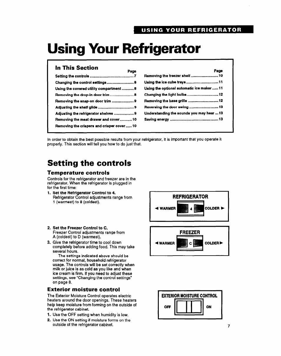 Using your refrigerator, Setting the controls, Temperature controls | Exterior moisture control | Whirlpool ETl8YK User Manual | Page 7 / 20