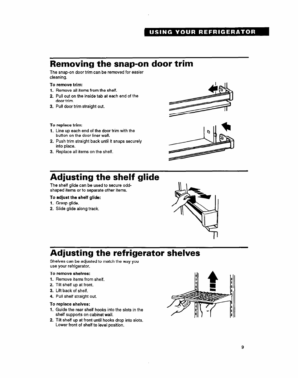 Removing the snap-on door trim, Adjusting the shelf glide, Adjusting the refrigerator shelves | Whirlpool ETl8YK User Manual | Page 9 / 20