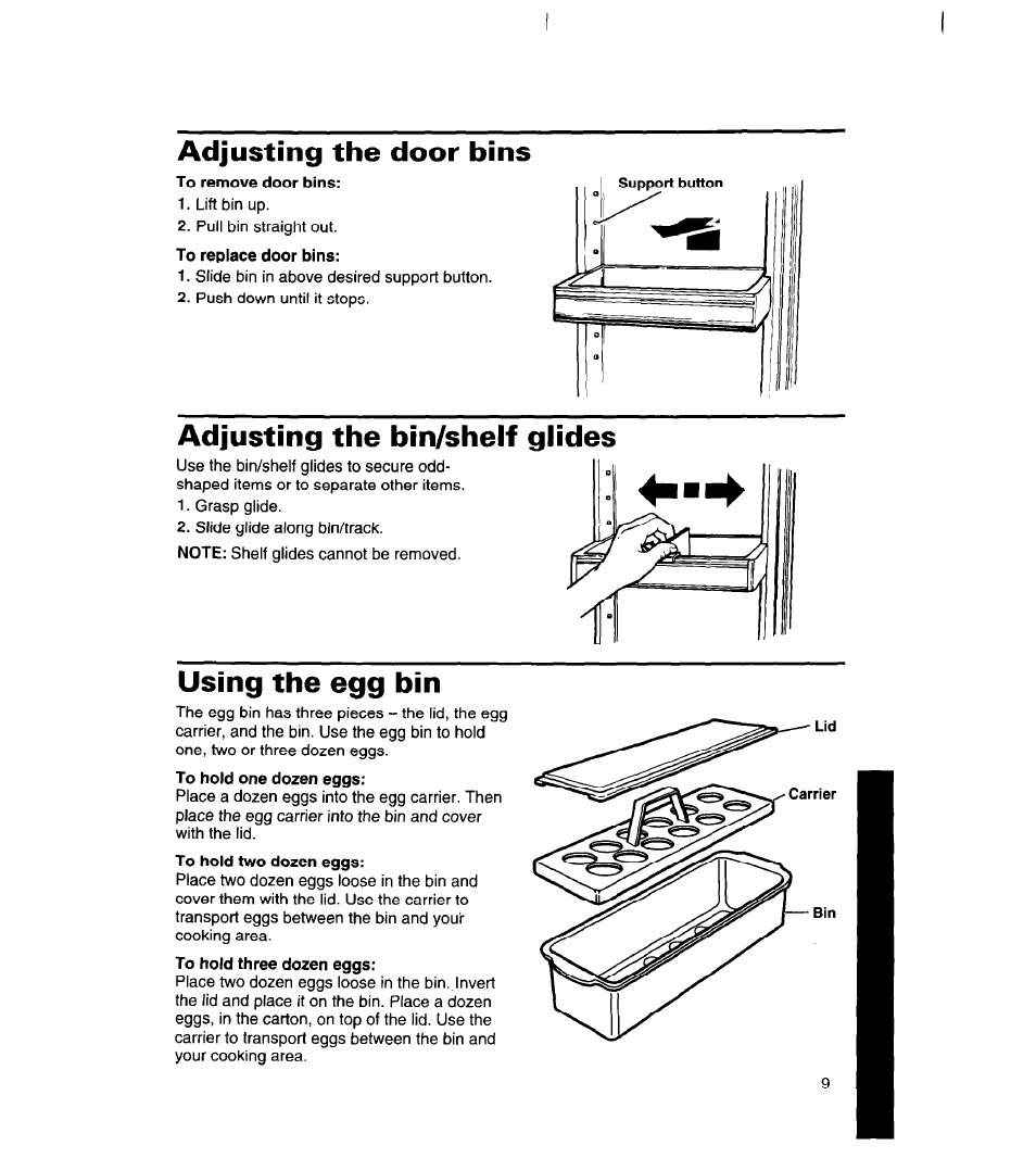 Adjusting the door bins, To remove door bins, Adjusting the bin/shelf glides | Using the egg bin | Whirlpool 8ET18DK User Manual | Page 10 / 26