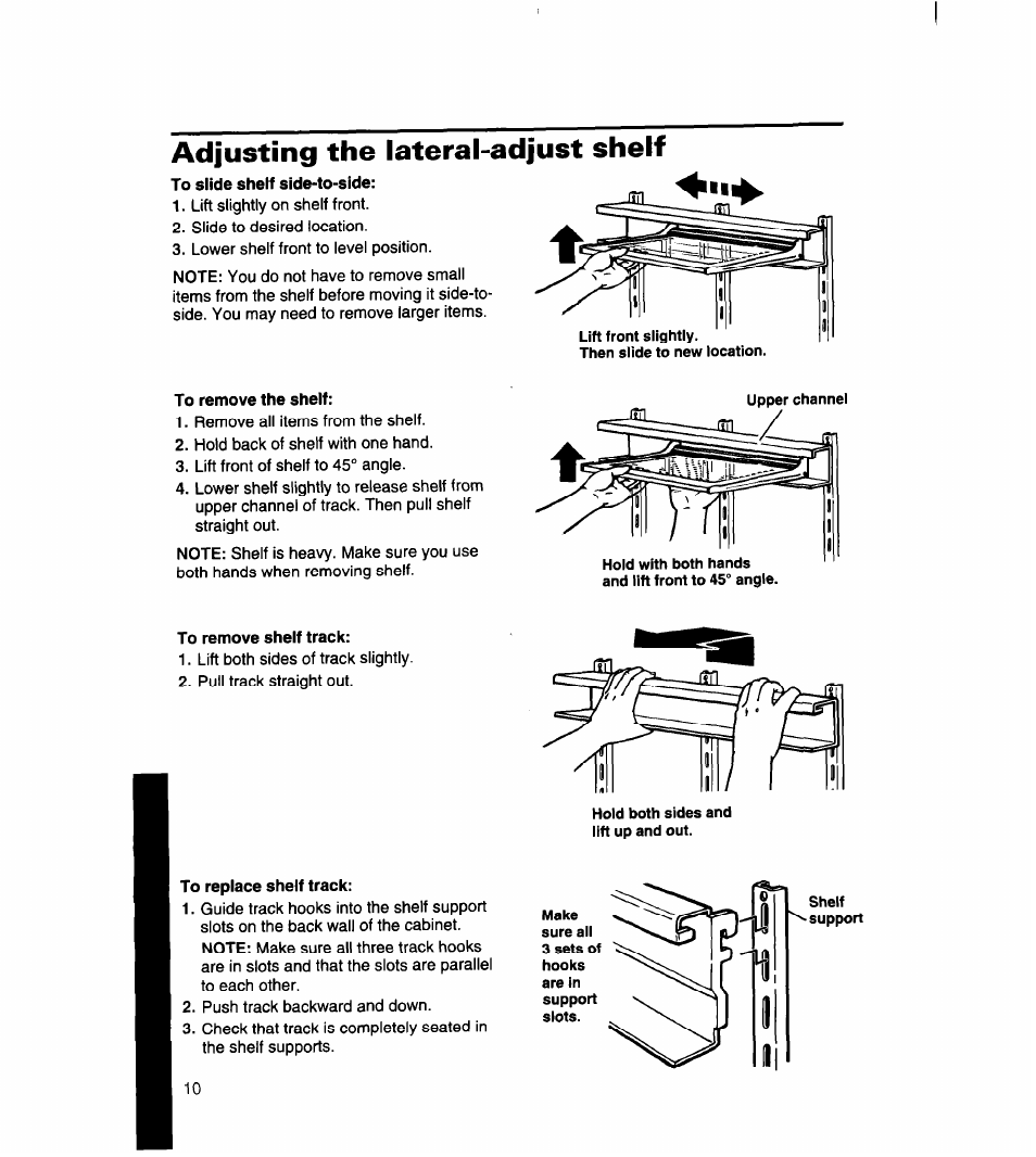 Adjusting the lateral-adjust shelf, To slide shelf side-to-side, To remove the shelf | To remove shelf track, To replace shelf track | Whirlpool 8ET18DK User Manual | Page 11 / 26