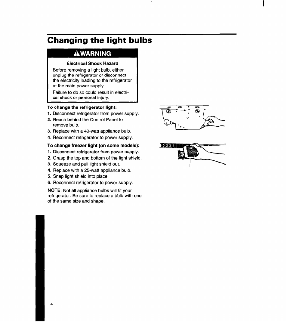 Changing the light bulbs, Warning | Whirlpool 8ET18DK User Manual | Page 15 / 26