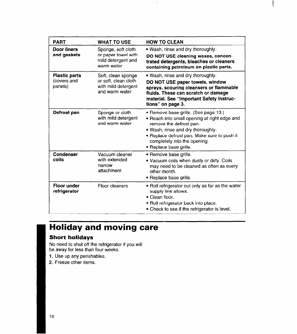 Holiday and moving care, Short holidays | Whirlpool 8ET18DK User Manual | Page 19 / 26