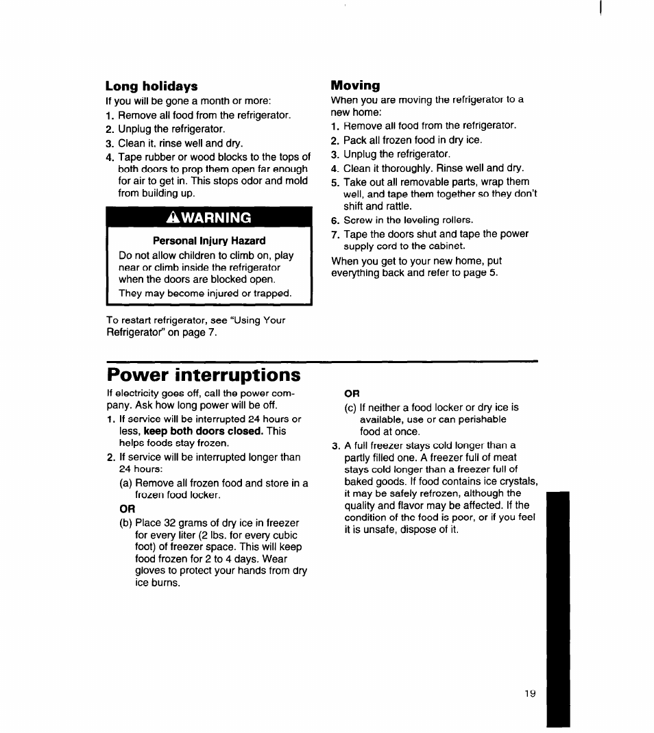 Long holidays, Moving, Power interruptions | Whirlpool 8ET18DK User Manual | Page 20 / 26